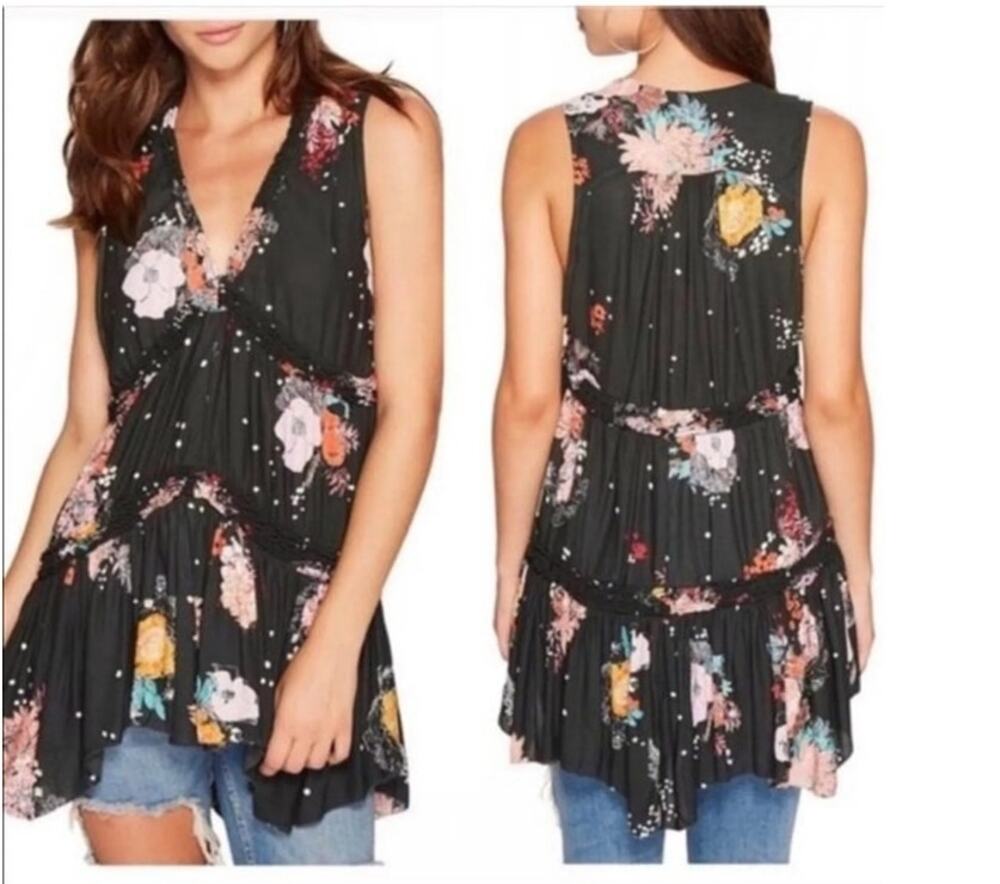 Free People Floral Tiered Tunic Tank Top Small Sleeveless V Neck